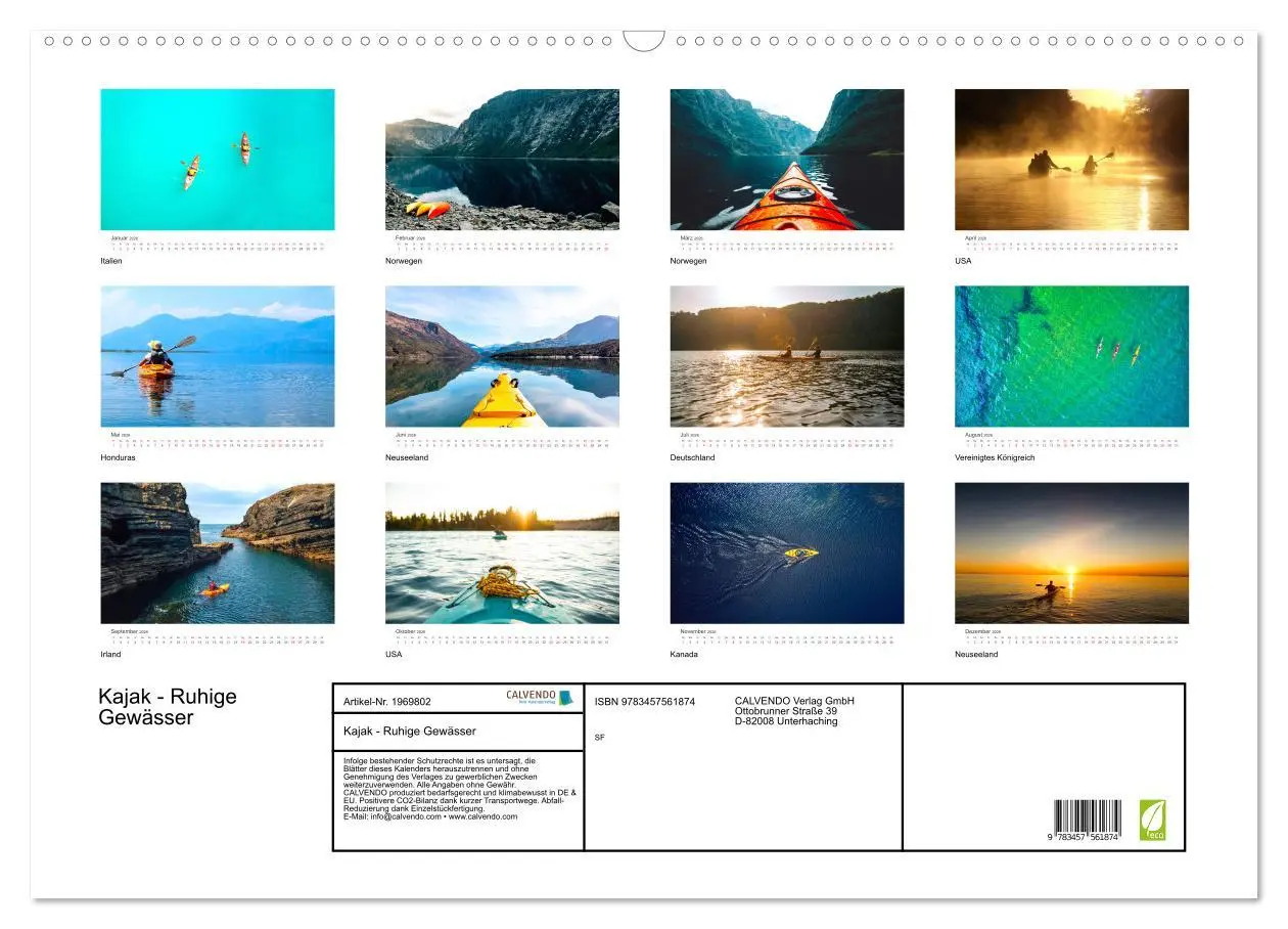 Bild: 9783457561874 | Kajak - Ruhige Gewässer (Wandkalender 2026 DIN A2 quer), CALVENDO...