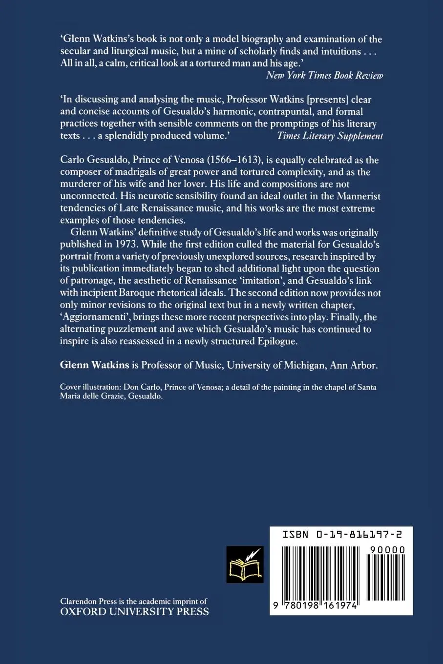 Rückseite: 9780198161974 | Gesualdo | The Man and His Music | Glenn Watkins | Taschenbuch | Buch