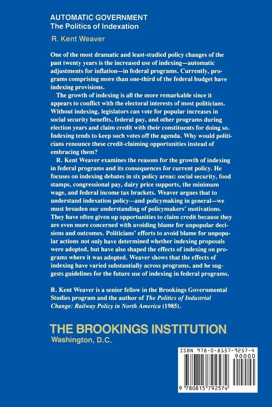 Rückseite: 9780815792574 | Automatic Government | The Politics of Indexation | R. Kent Weaver