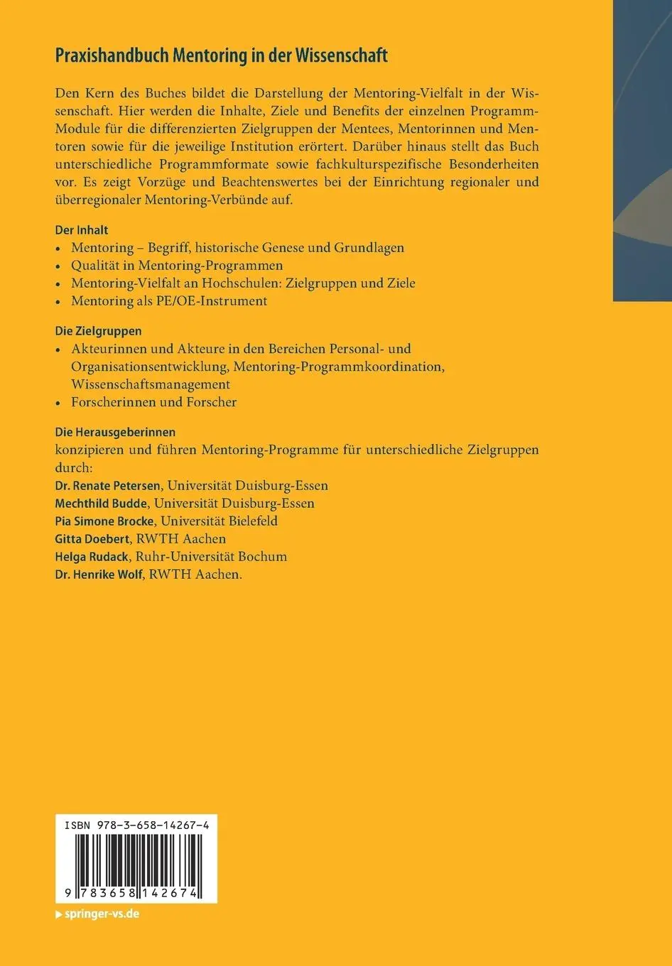 Rückseite: 9783658142674 | Praxishandbuch Mentoring in der Wissenschaft | Renate Petersen (u. a.)