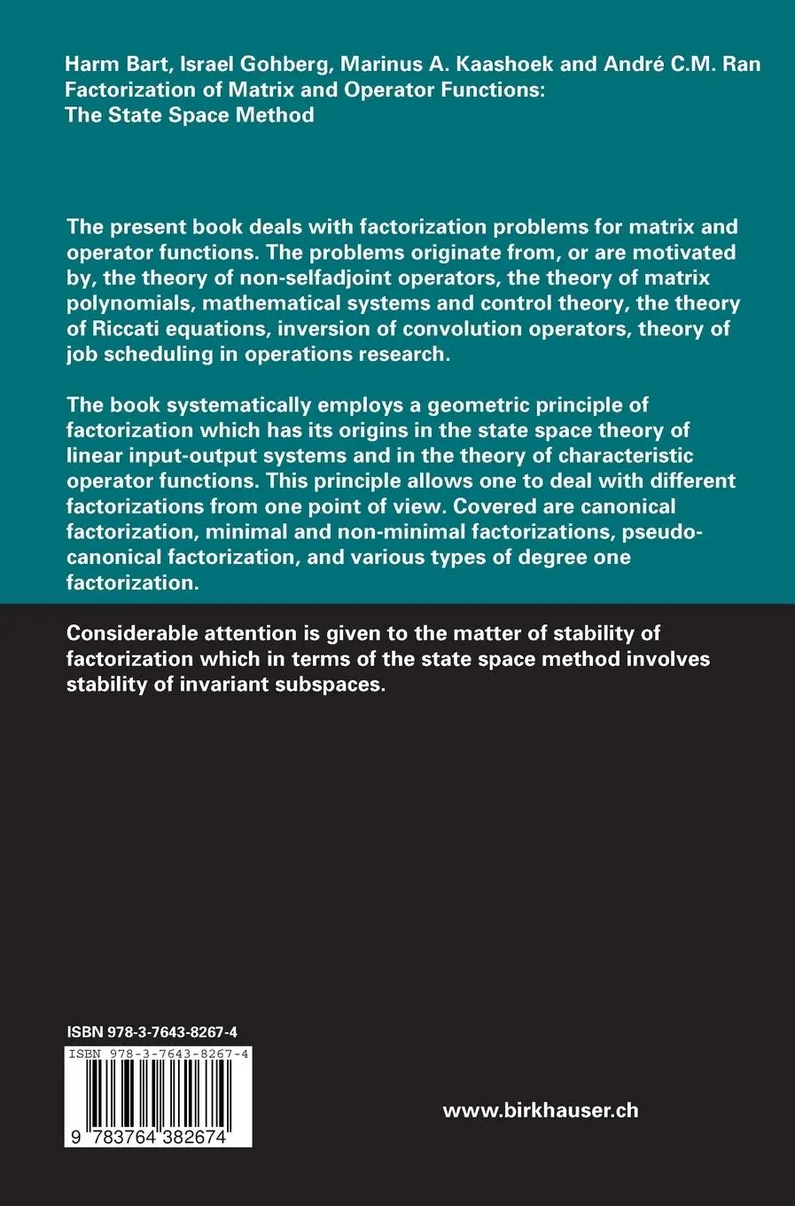 Rückseite: 9783764382674 | Factorization of Matrix and Operator Functions: The State Space Method