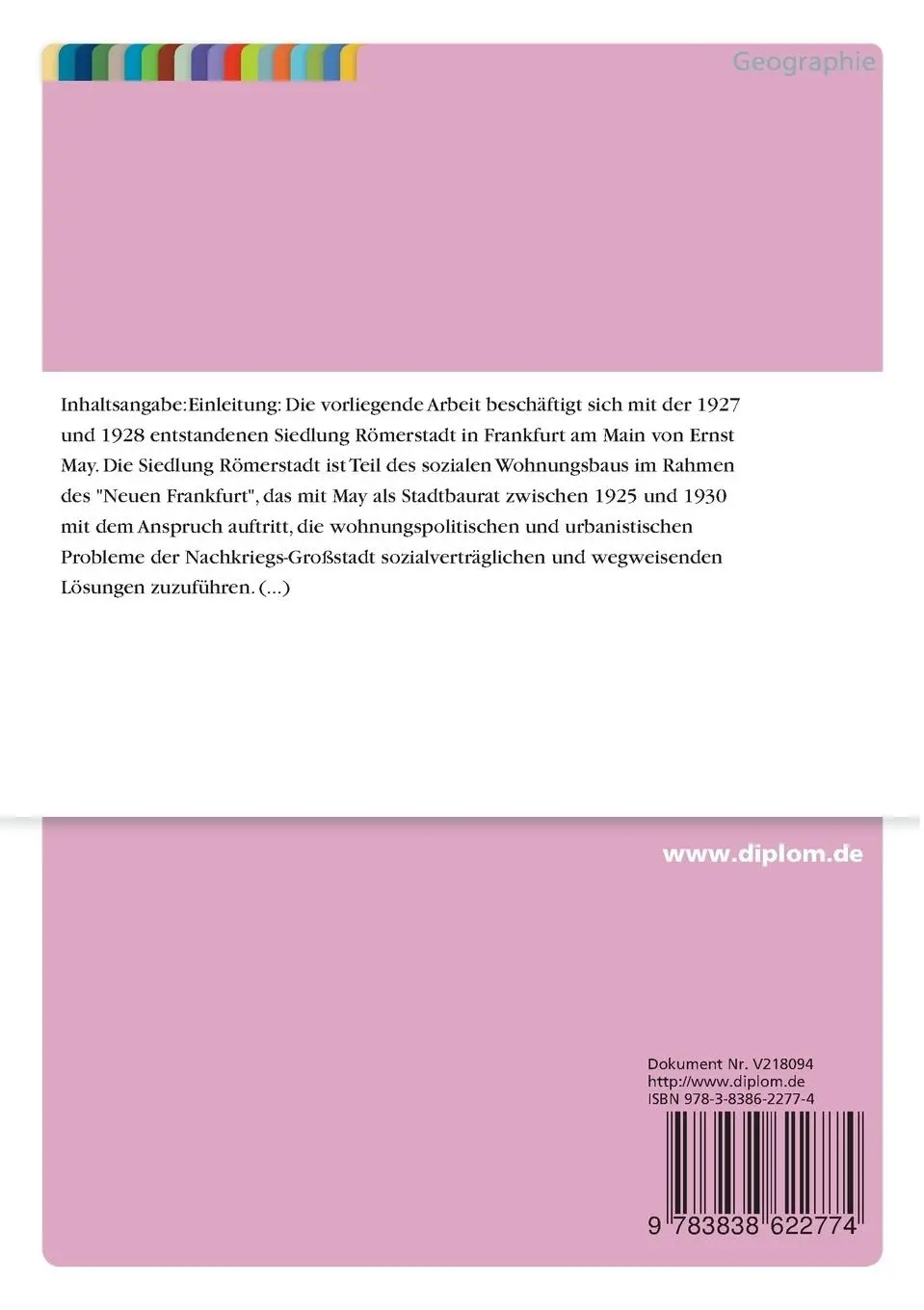 Rückseite: 9783838622774 | Die Siedlung Römerstadt in Frankfurt a. M. von Ernst May | Schleuning