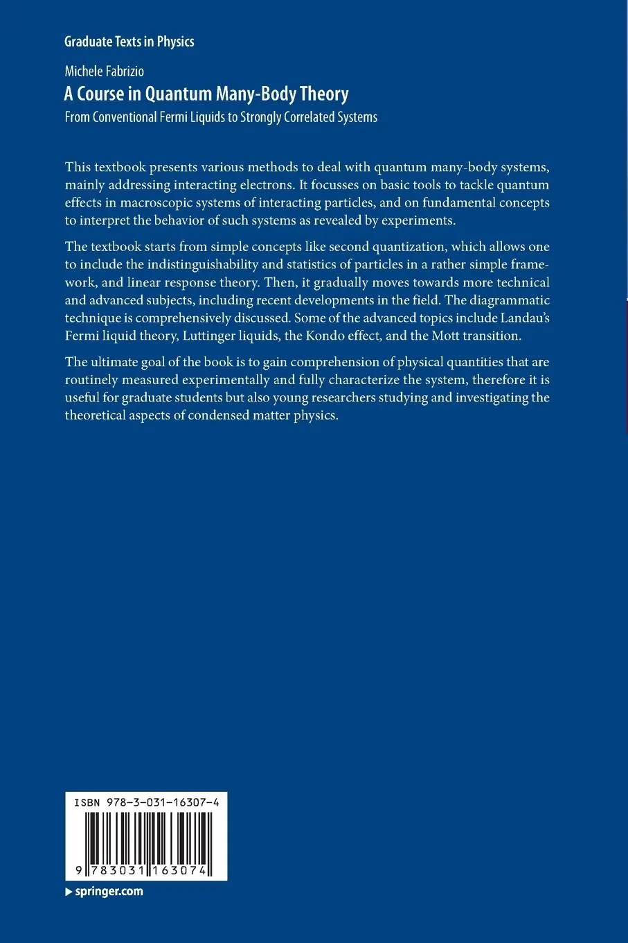 Rückseite: 9783031163074 | A Course in Quantum Many-Body Theory | Michele Fabrizio | Taschenbuch