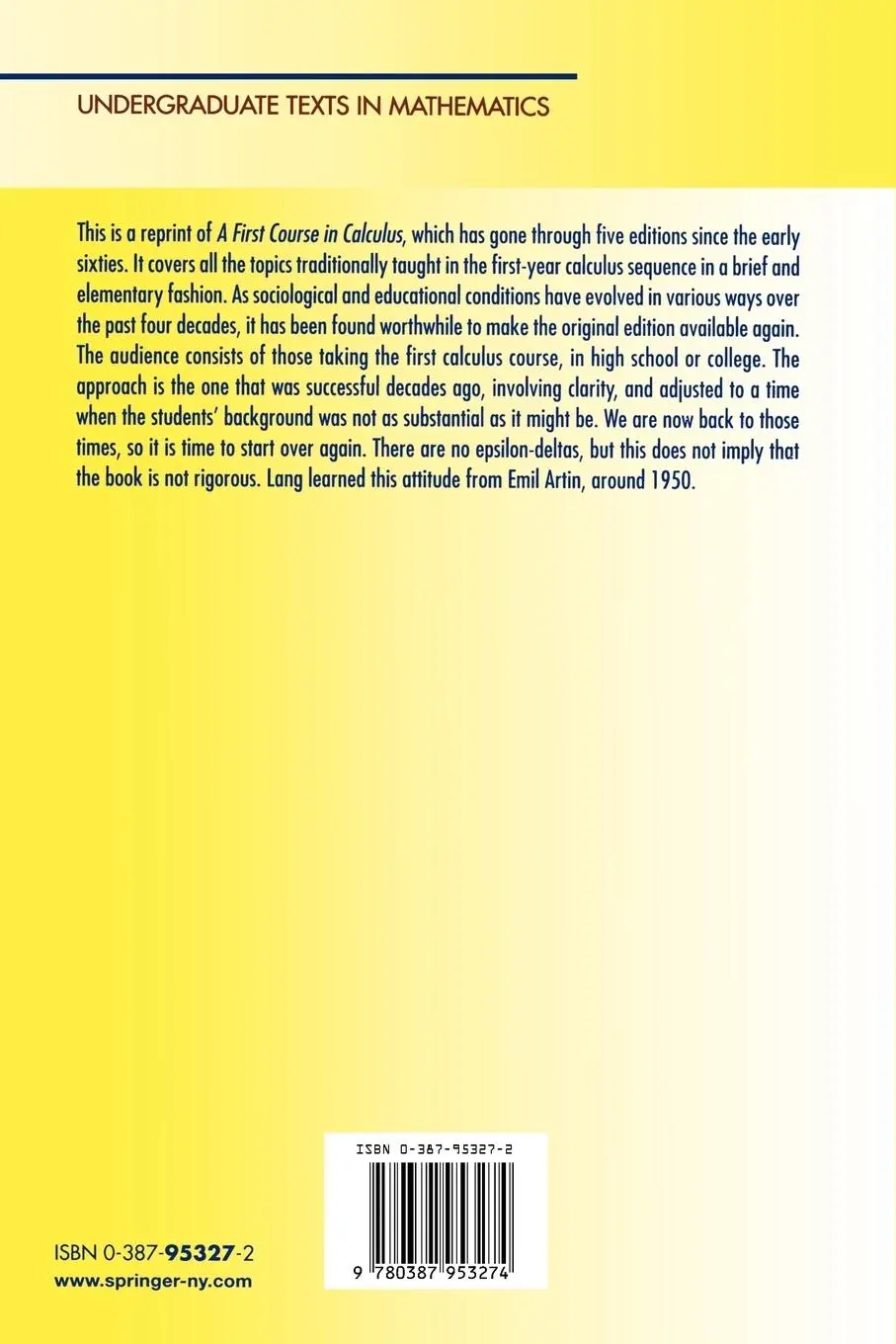 Rückseite: 9780387953274 | Short Calculus | The Original Edition of "A First Course in Calculus"