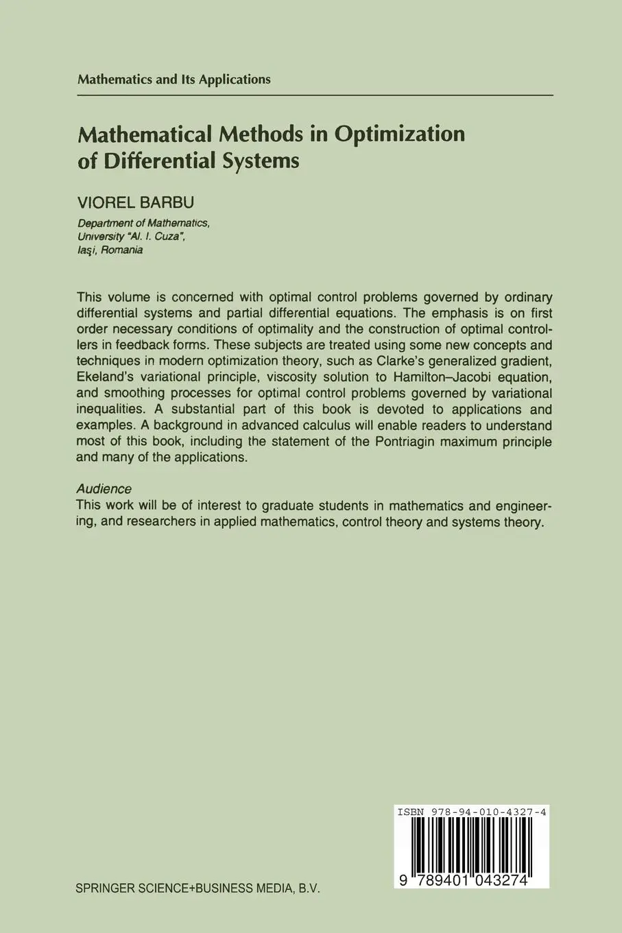 Rückseite: 9789401043274 | Mathematical Methods in Optimization of Differential Systems | Barbu
