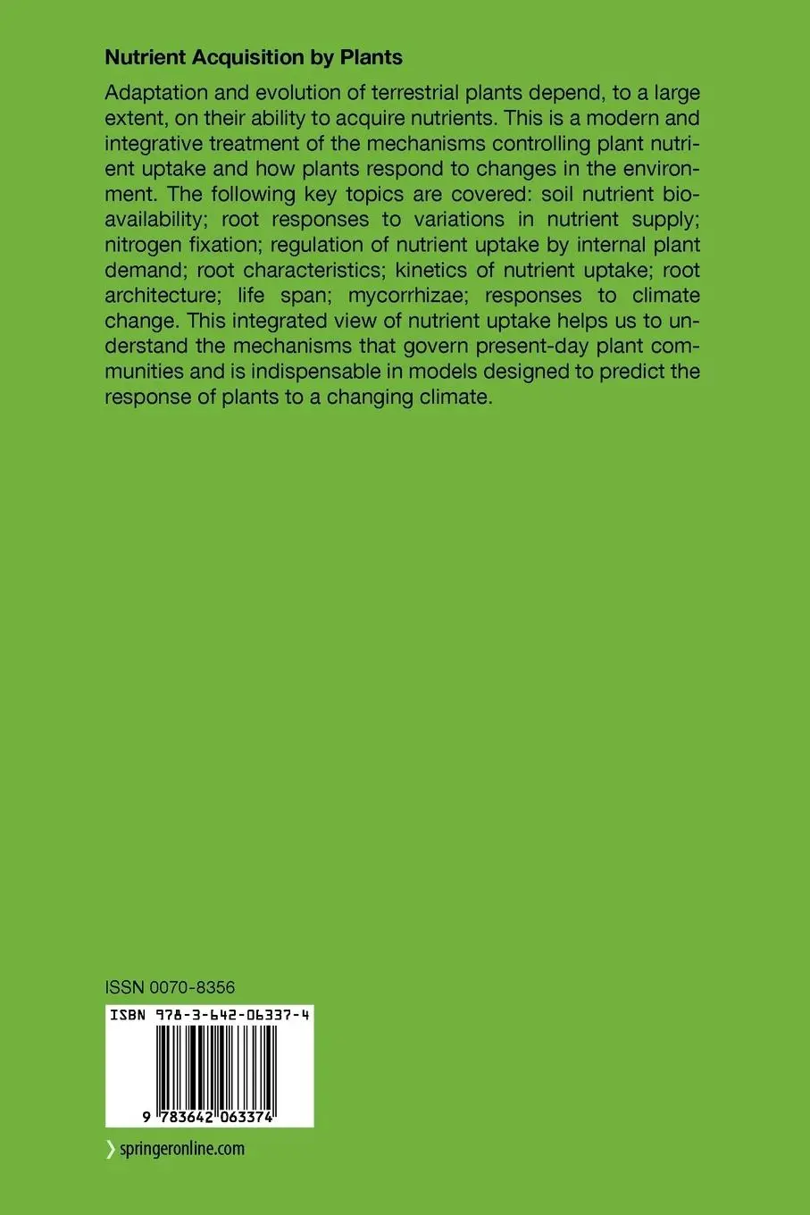 Rückseite: 9783642063374 | Nutrient Acquisition by Plants | An Ecological Perspective | Buch