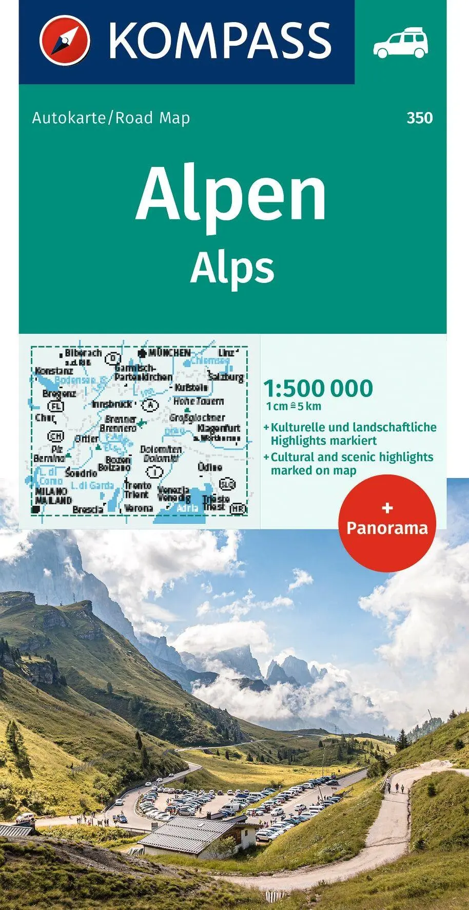 Cover: 9783991543374 | KOMPASS Autokarte KOMPASS Autokarte und Panoramakarte Alpen 1:500.000
