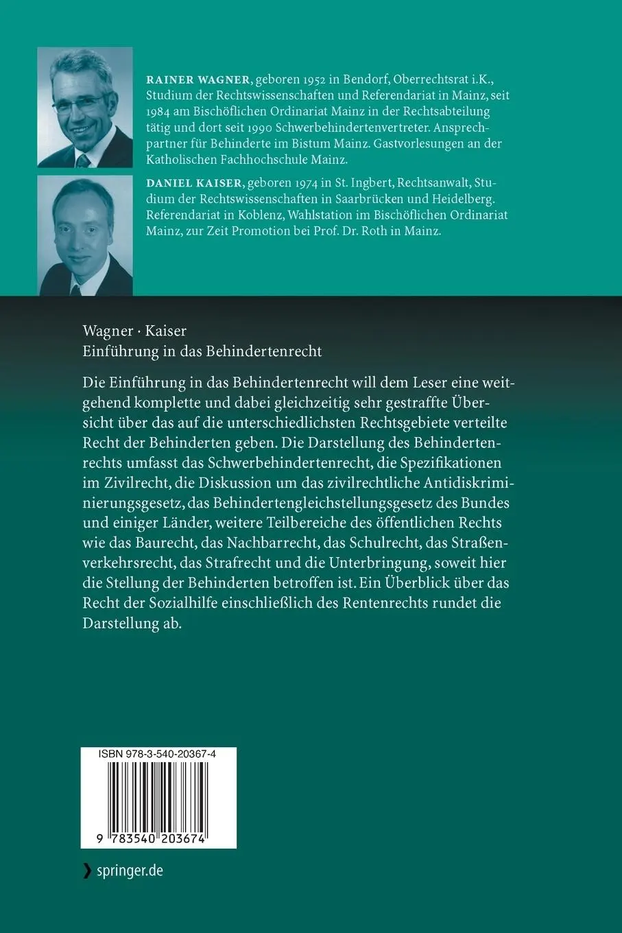 Rückseite: 9783540203674 | Einführung in das Behindertenrecht | Daniel Kaiser (u. a.) | Buch