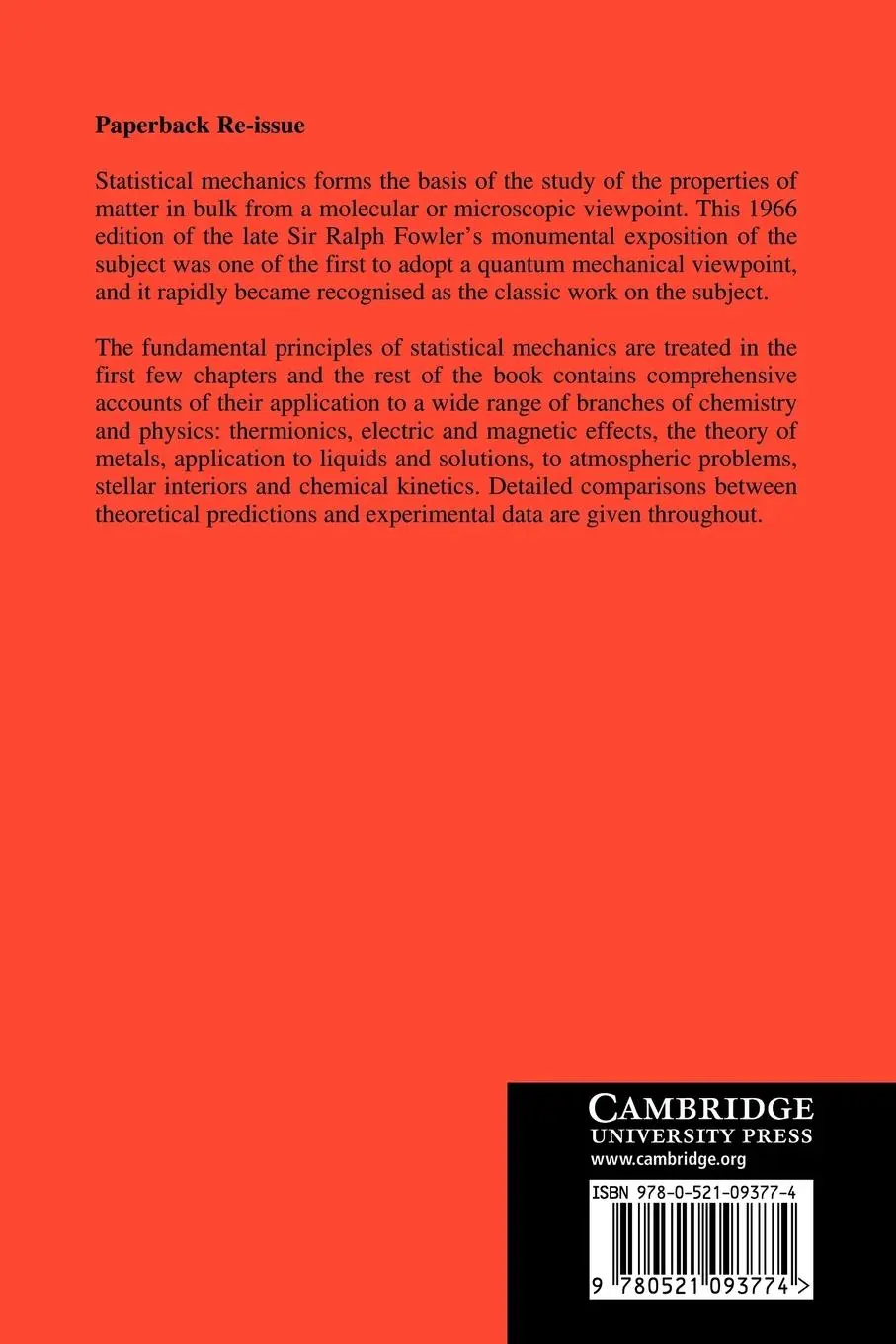 Rückseite: 9780521093774 | Statistical Mechanics | Ralph H. Fowler (u. a.) | Taschenbuch | 2011