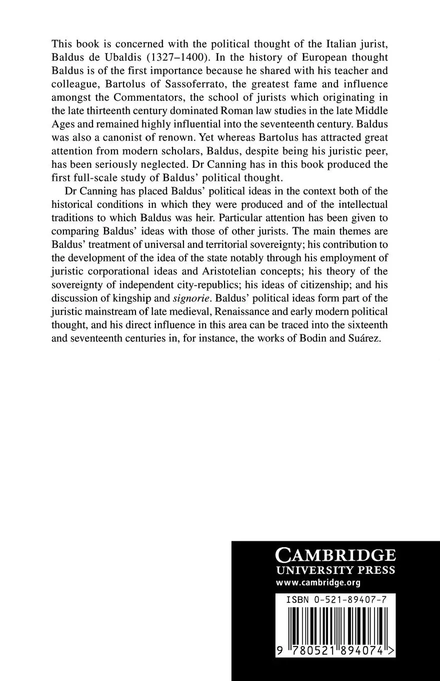 Rückseite: 9780521894074 | The Political Thought of Baldus de Ubaldis | Joseph Canning | Buch