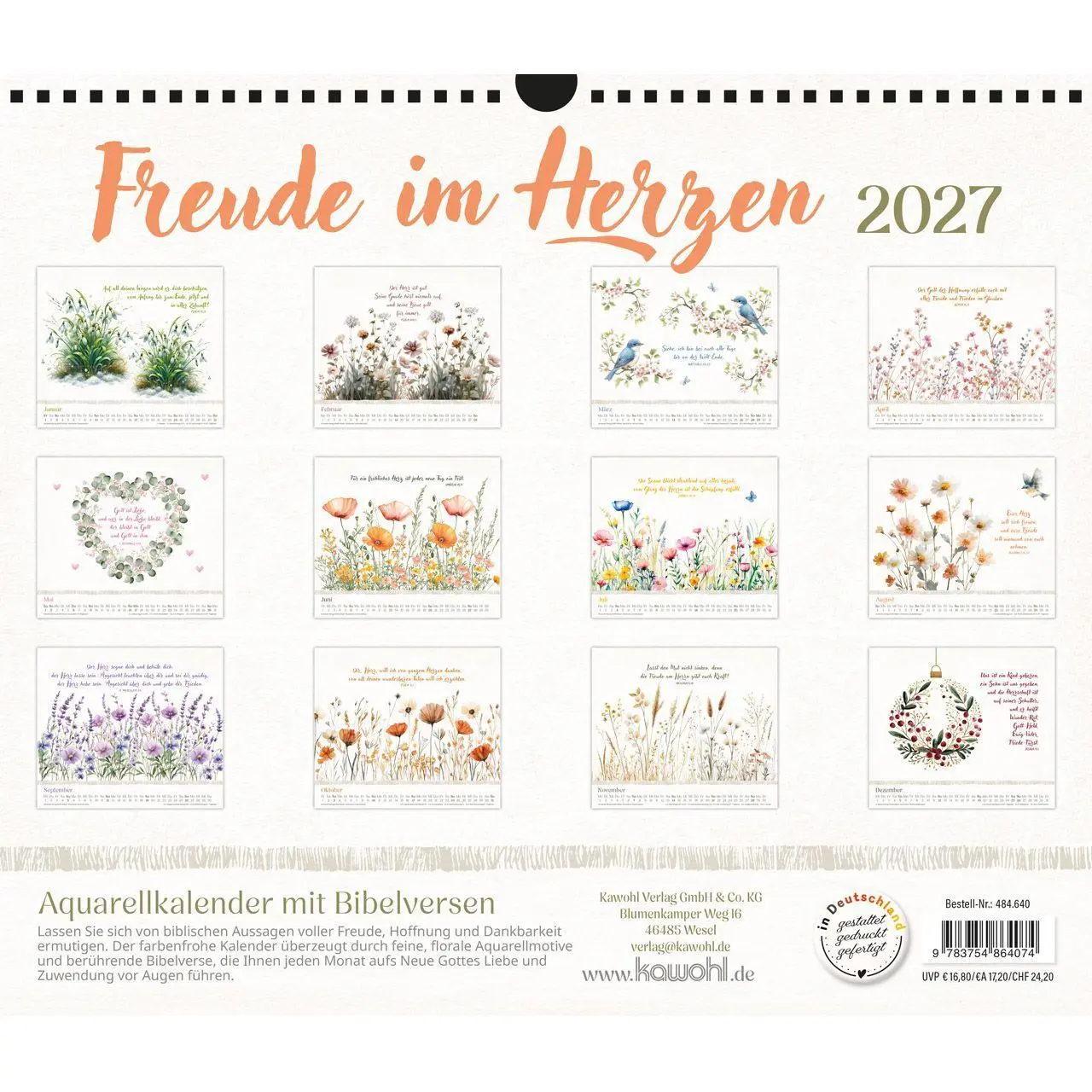 Bild: 9783754864074 | Freude im Herzen 2027 | Aquarell-Kalender mit Bibelversen | Kalender