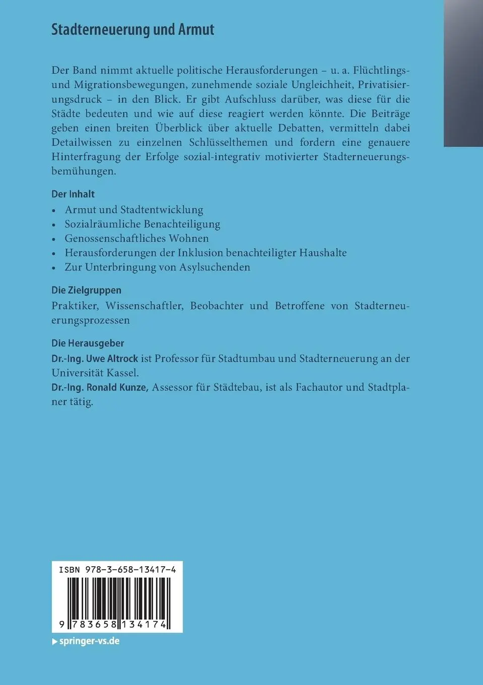 Rückseite: 9783658134174 | Stadterneuerung und Armut | Jahrbuch Stadterneuerung 2016 | Buch | xix