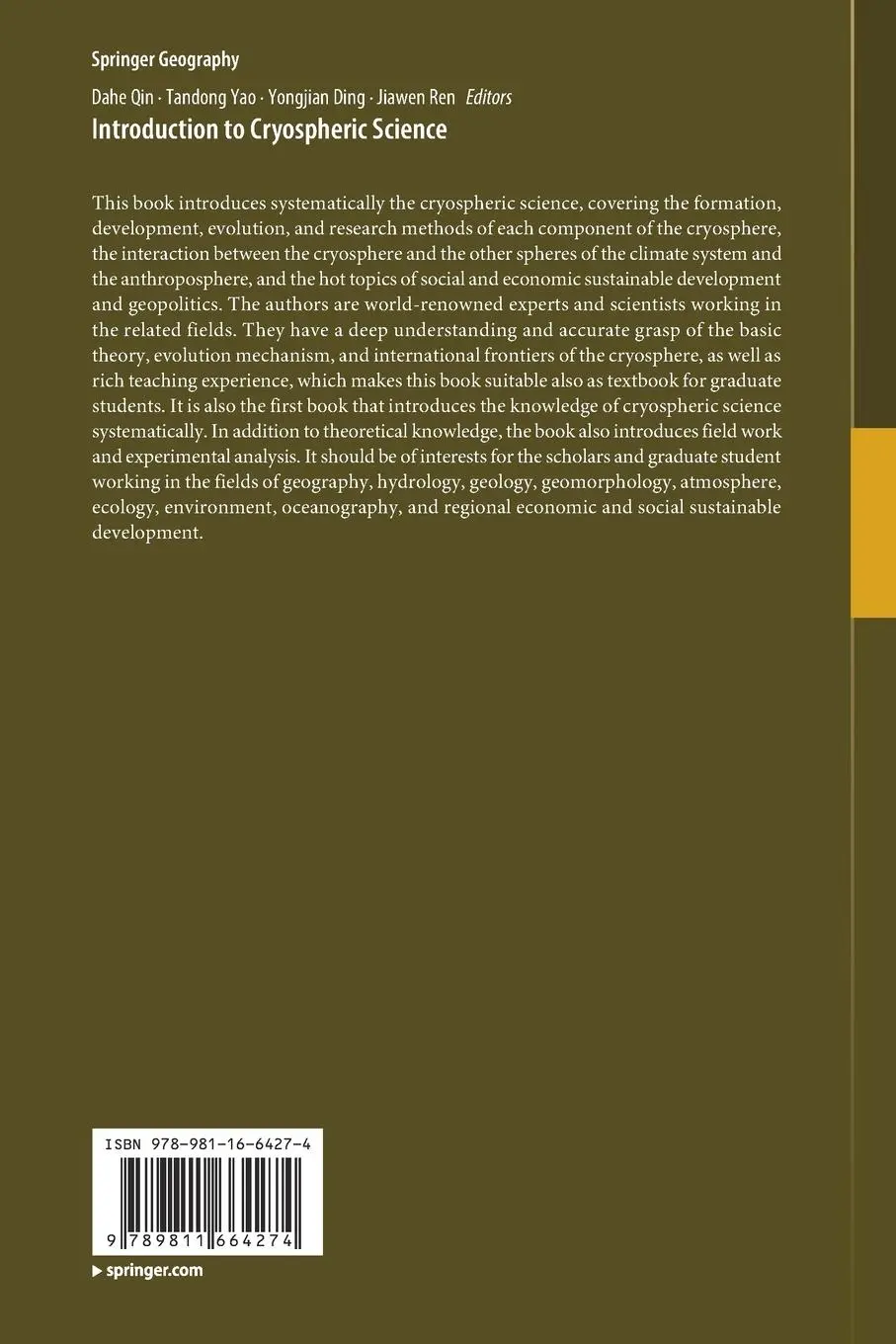 Rückseite: 9789811664274 | Introduction to Cryospheric Science | Dahe Qin (u. a.) | Taschenbuch