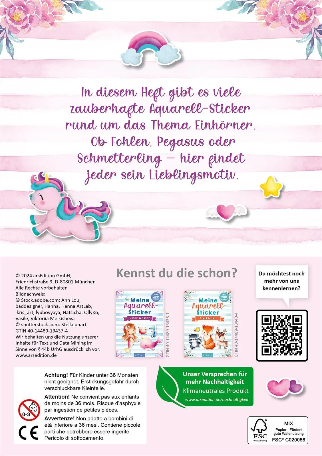 Rückseite: 4014489134374 | Meine Aquarell-Sticker - Einhörner | Über 200 Sticker | 16 S. | 2024
