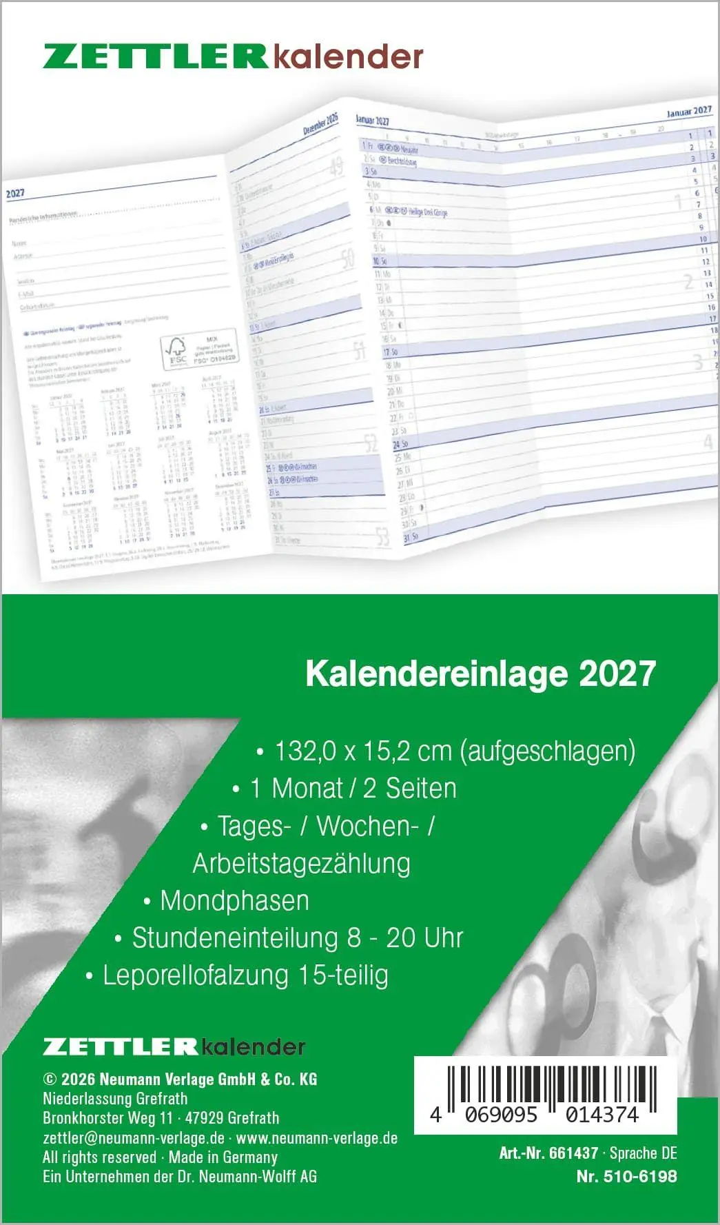 Cover: 4069095014374 | Kalenderersatzeinlage TP 1M/2S Leporello 2027 | KG | Kalender | 30 S.