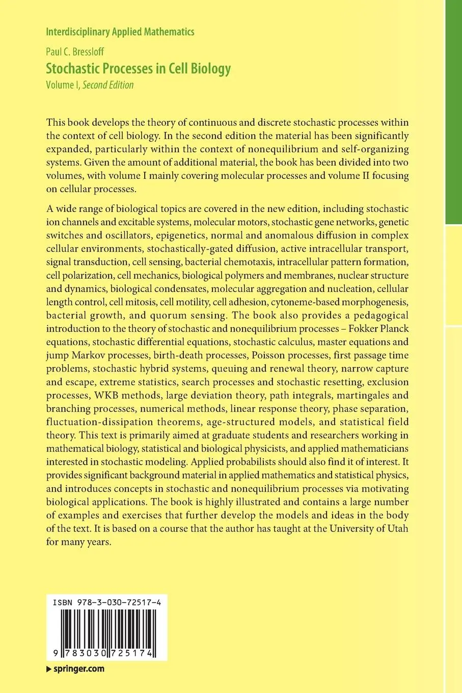 Rückseite: 9783030725174 | Stochastic Processes in Cell Biology | Volume I | Paul C. Bressloff