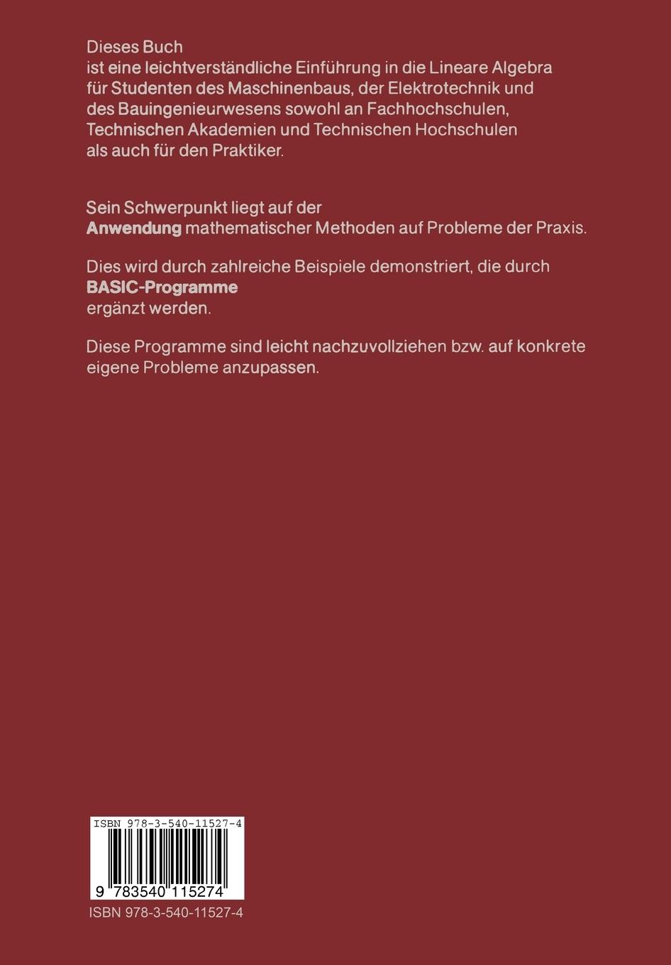Rückseite: 9783540115274 | Matrizenrechnung für Ingenieure | Anwendungen und Programme | Buch