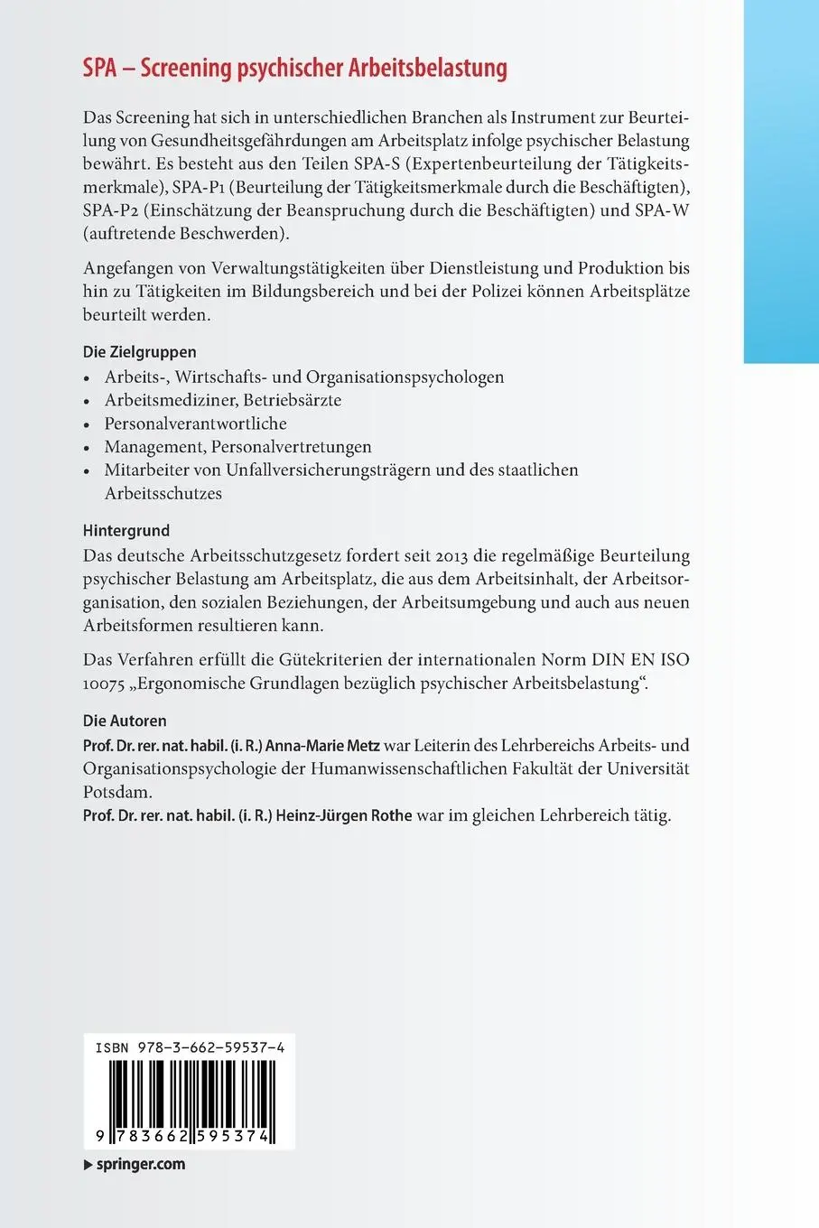 Rückseite: 9783662595374 | SPA - Screening psychischer Arbeitsbelastung | Manual | Rothe (u. a.)