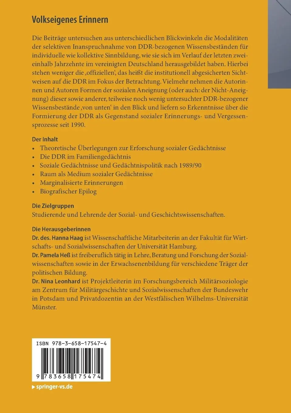 Rückseite: 9783658175474 | Volkseigenes Erinnern | Die DDR im sozialen Gedächtnis | Haag (u. a.)
