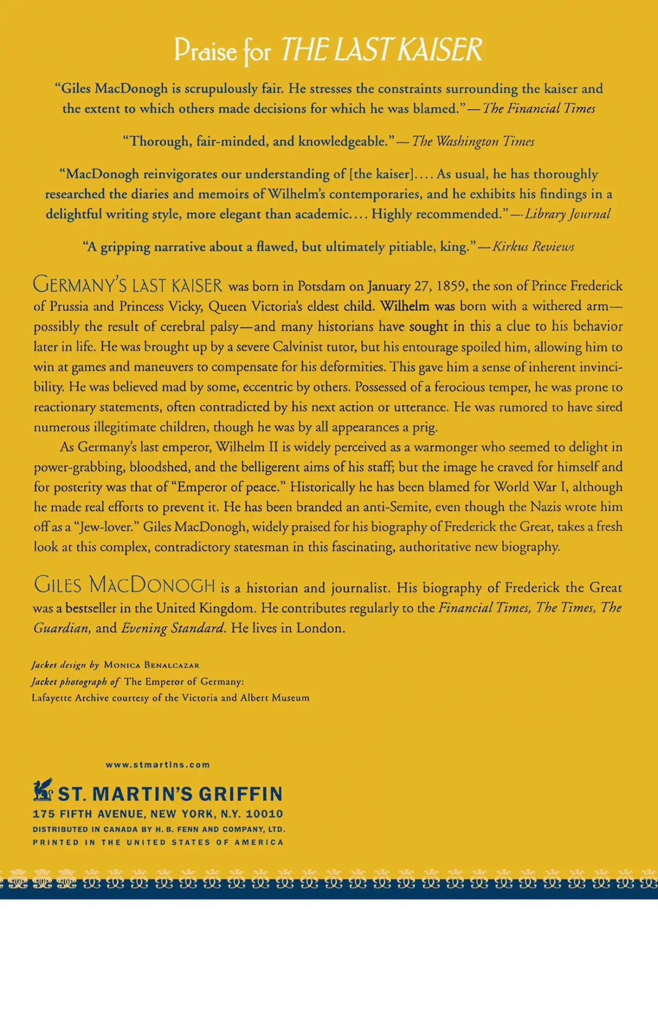 Rückseite: 9780312305574 | The Last Kaiser | The Life of Wilhelm II | Giles Macdonogh | Buch