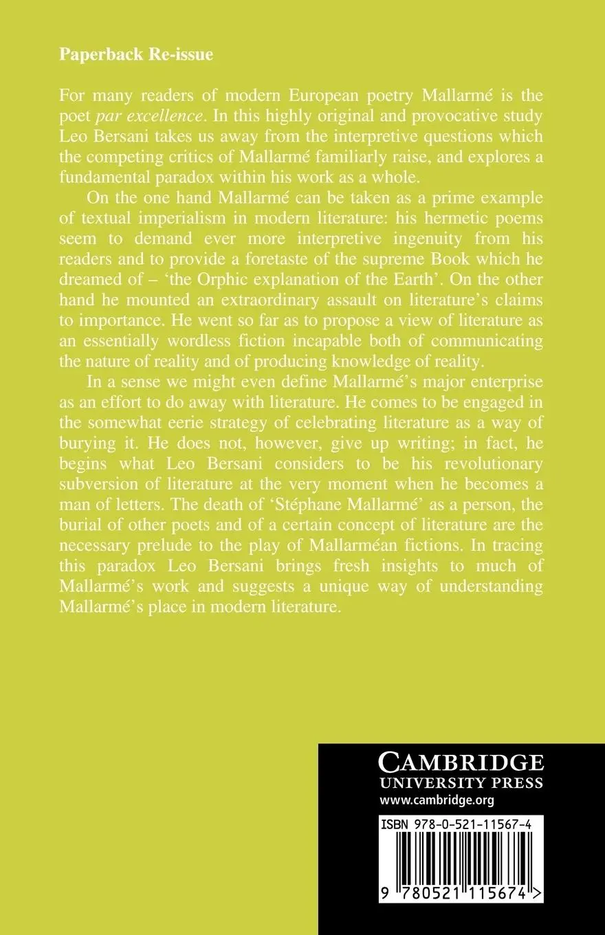 Rückseite: 9780521115674 | The Death of Stephane Mallarme | Leo Bersani | Taschenbuch | Englisch