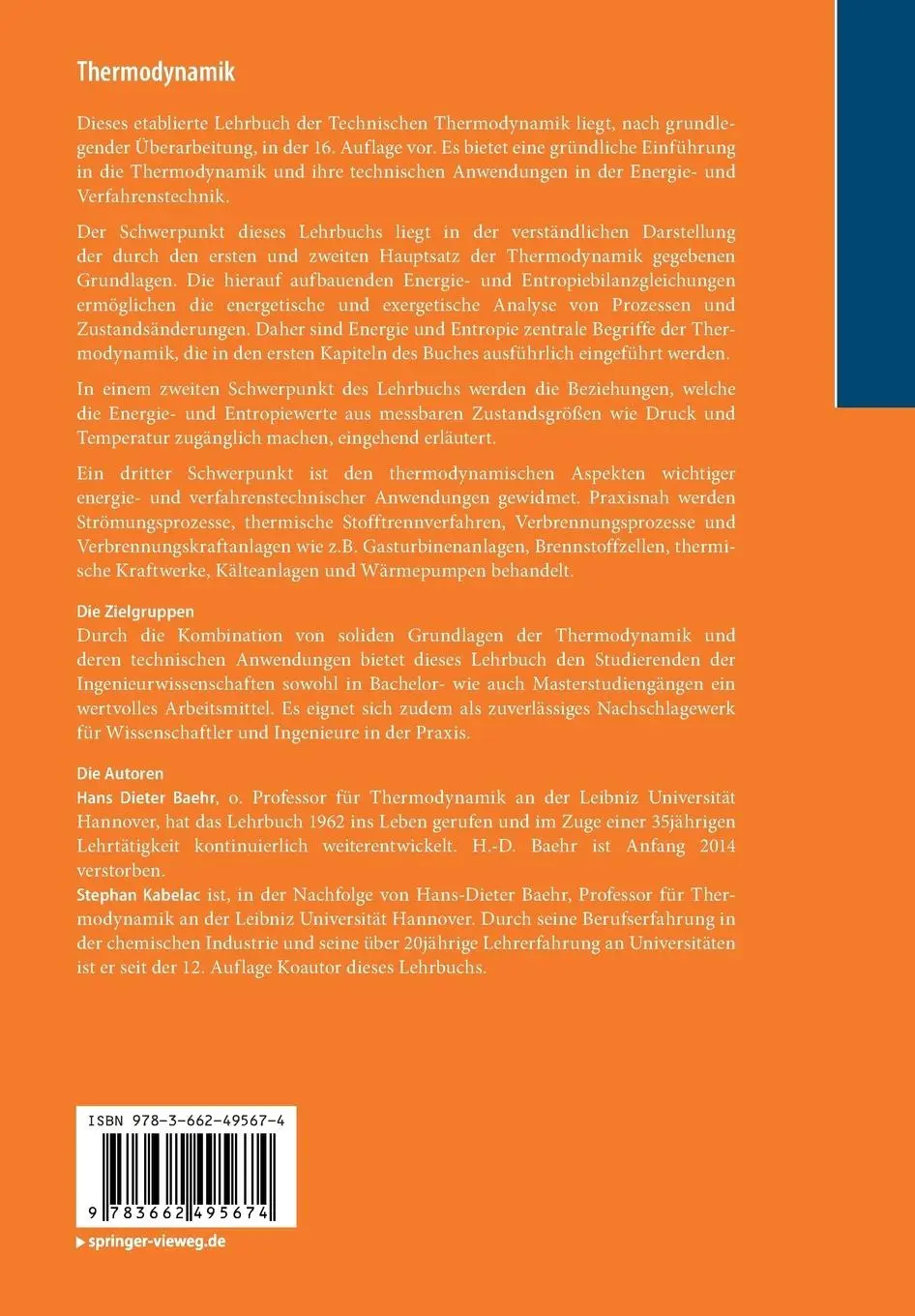 Rückseite: 9783662495674 | Thermodynamik | Grundlagen und technische Anwendungen | Taschenbuch
