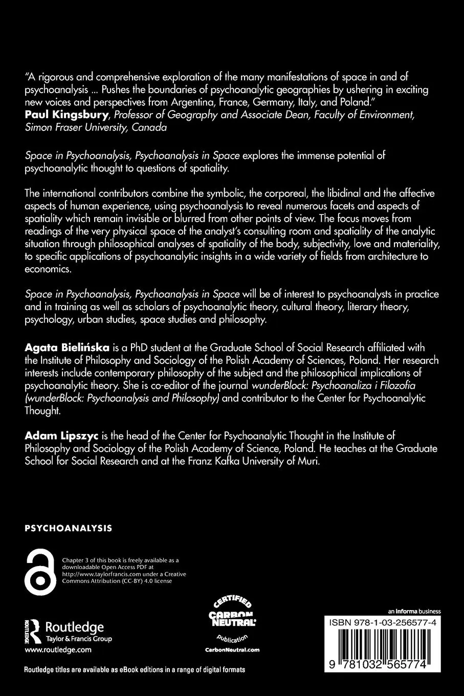 Rückseite: 9781032565774 | Space in Psychoanalysis, Psychoanalysis in Space | Bieli¿ska (u. a.)