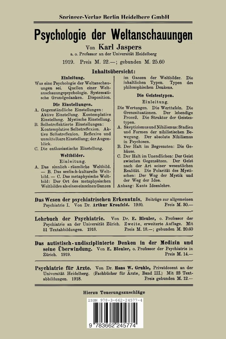 Rückseite: 9783662245774 | Allgemeine Psychopathologie für Studierende, Ärzte und Psychologen