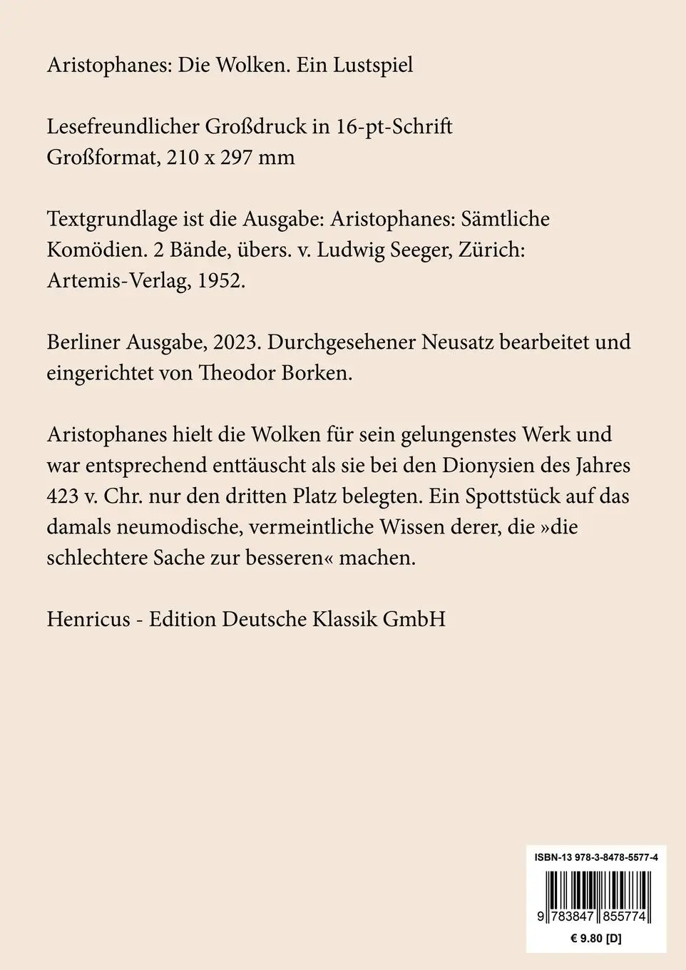 Rückseite: 9783847855774 | Die Wolken (Großdruck) | Ein Lustspiel | Aristophanes | Taschenbuch