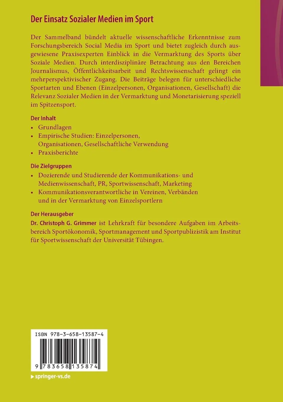 Rückseite: 9783658135874 | Der Einsatz Sozialer Medien im Sport | Christoph G. Grimmer | Buch | x