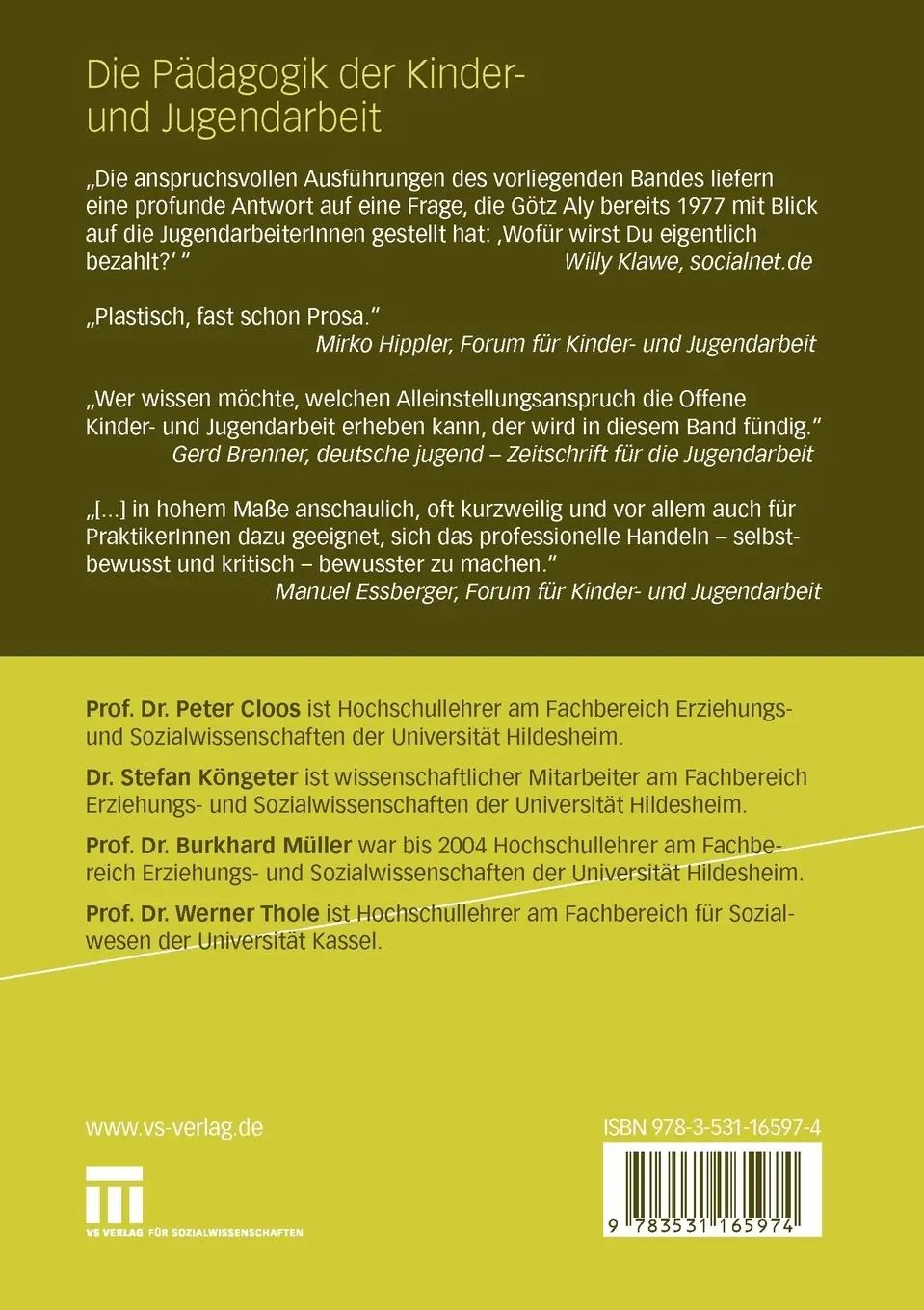 Rückseite: 9783531165974 | Die Pädagogik der Kinder- und Jugendarbeit | Peter Cloos (u. a.)