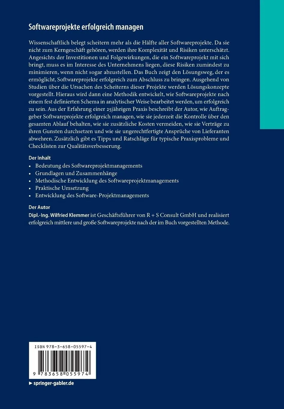 Rückseite: 9783658055974 | Softwareprojekte erfolgreich managen | Wilfried Klemmer | Taschenbuch