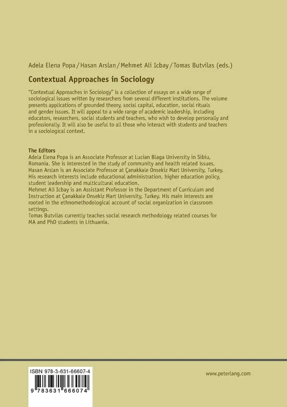 Rückseite: 9783631666074 | Contextual Approaches in Sociology | Adela Elena Popa (u. a.) | Buch