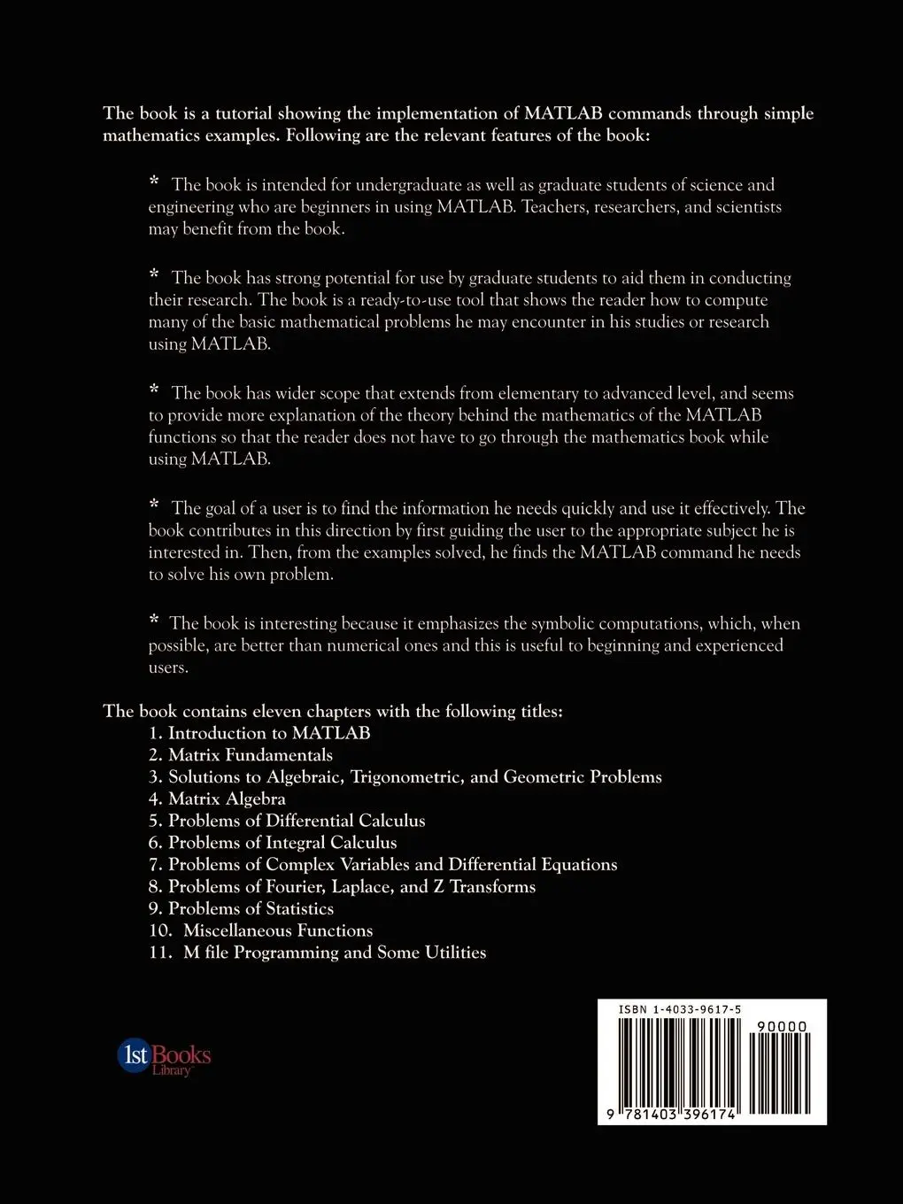 Rückseite: 9781403396174 | "Tutorials on Mathematics to MATLAB" | Mohammad Nuruzzaman | Buch