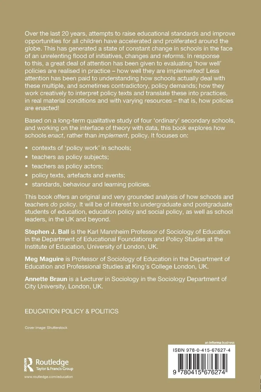 Rückseite: 9780415676274 | How Schools Do Policy | Policy Enactments in Secondary Schools | Buch