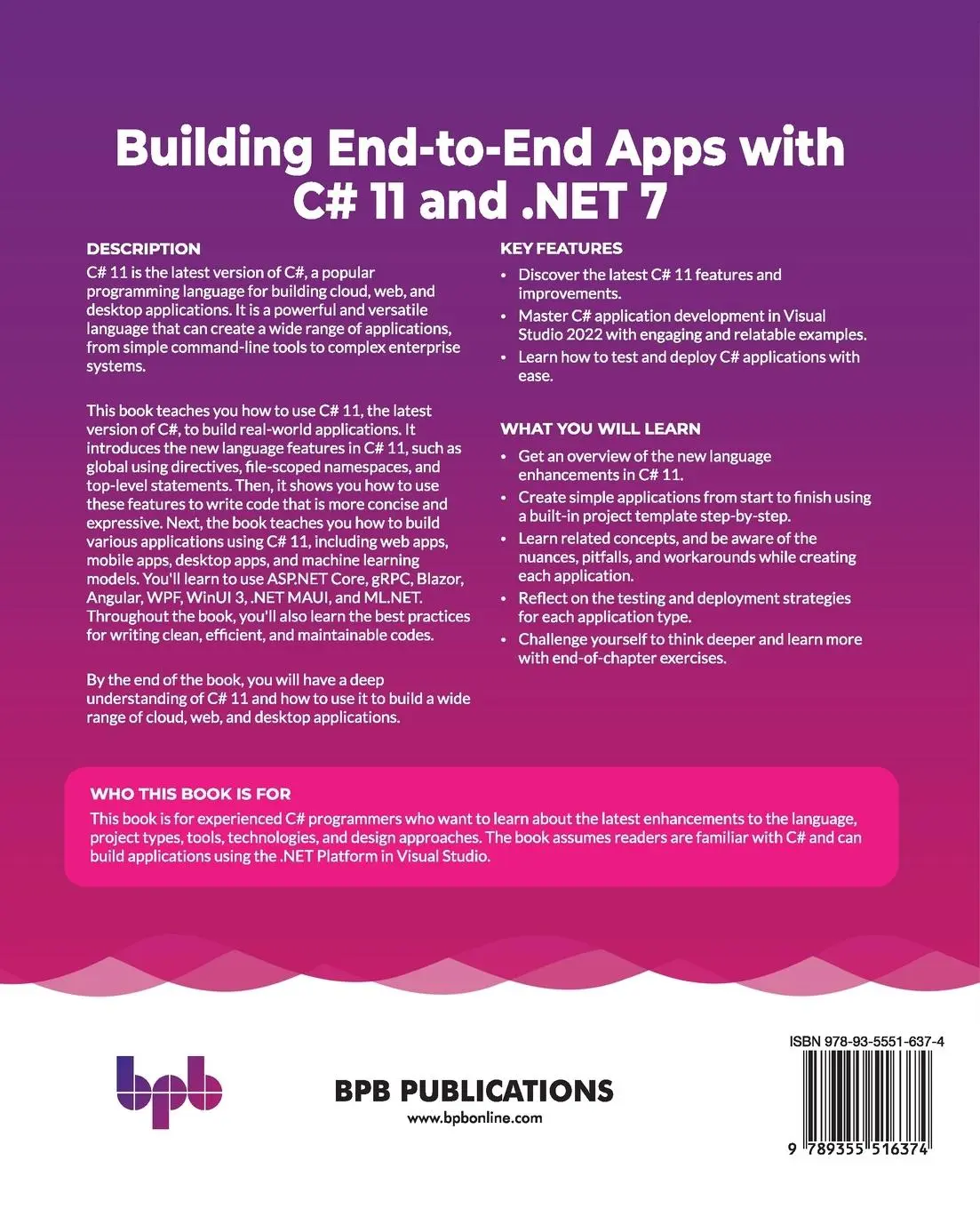 Rückseite: 9789355516374 | Building End-to-End Apps with C# 11 and .NET 7 | Arun Gupta | Buch