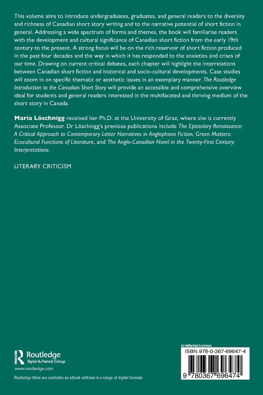 Rückseite: 9780367696474 | The Routledge Introduction to the Canadian Short Story | Löschnigg