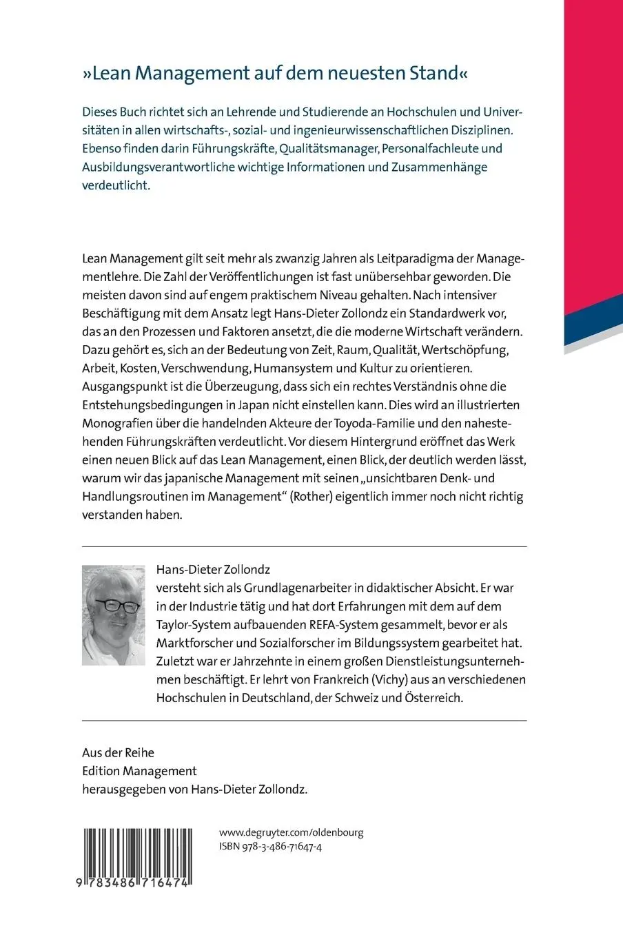 Rückseite: 9783486716474 | Grundlagen Lean Management | Hans-Dieter Zollondz | Buch | XX | 2013