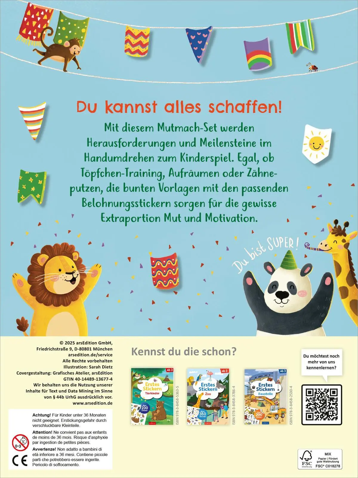 Rückseite: 4014489136774 | Mein Mutmach-Set | 16 Vorlagen mit Belohnungsstickern | Sarah Dietz