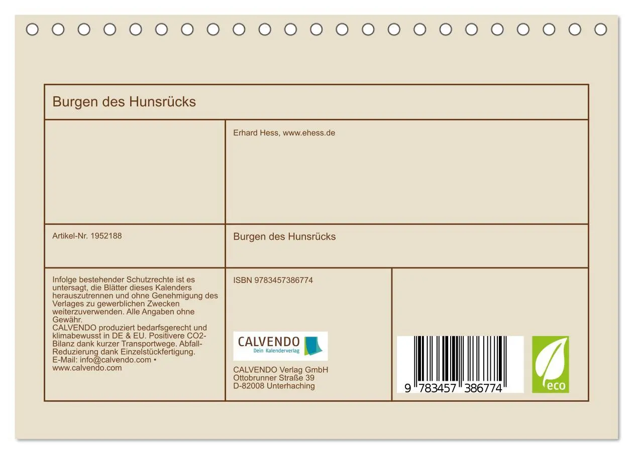 Bild: 9783457386774 | Burgen des Hunsrücks (Tischkalender 2026 DIN A5 quer), CALVENDO...