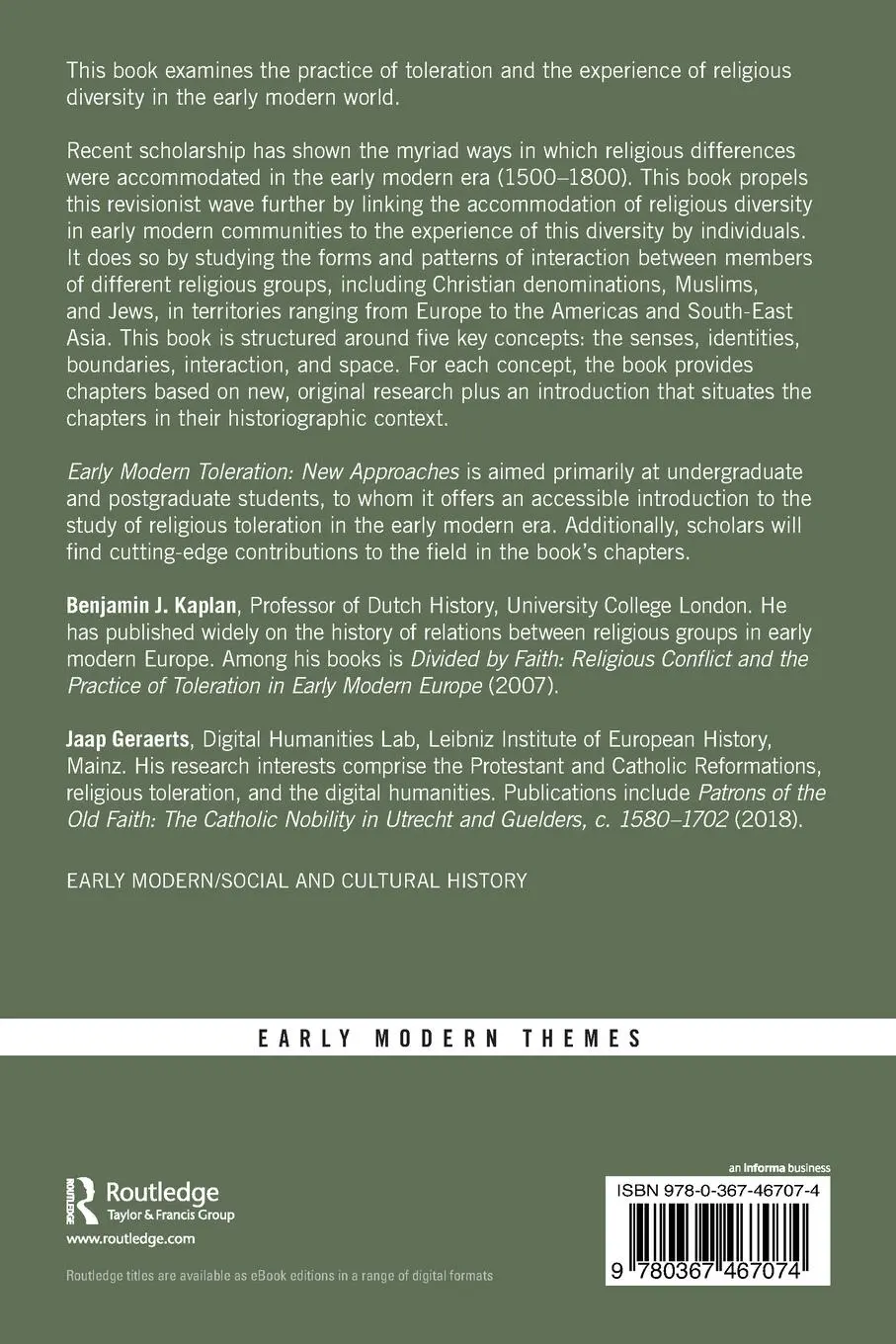 Rückseite: 9780367467074 | Early Modern Toleration | New Approaches | Benjamin J. Kaplan (u. a.)