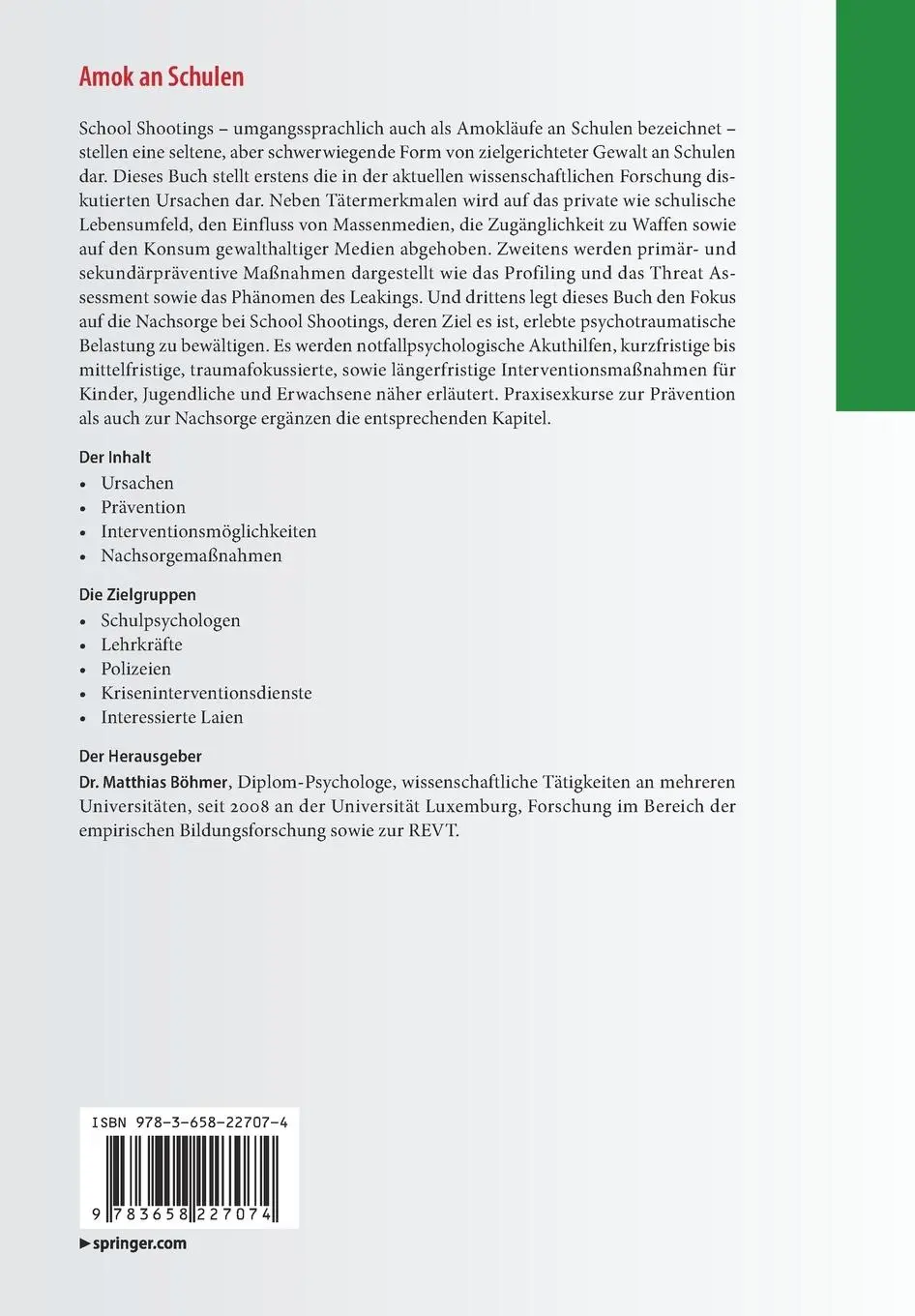 Rückseite: 9783658227074 | Amok an Schulen | Matthias Böhmer | Taschenbuch | x | Deutsch | 2018