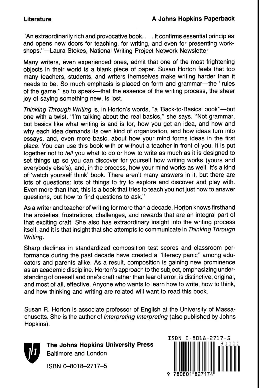 Rückseite: 9780801827174 | THINKING THROUGH WRITING | Susan R. Horton | Taschenbuch | Englisch