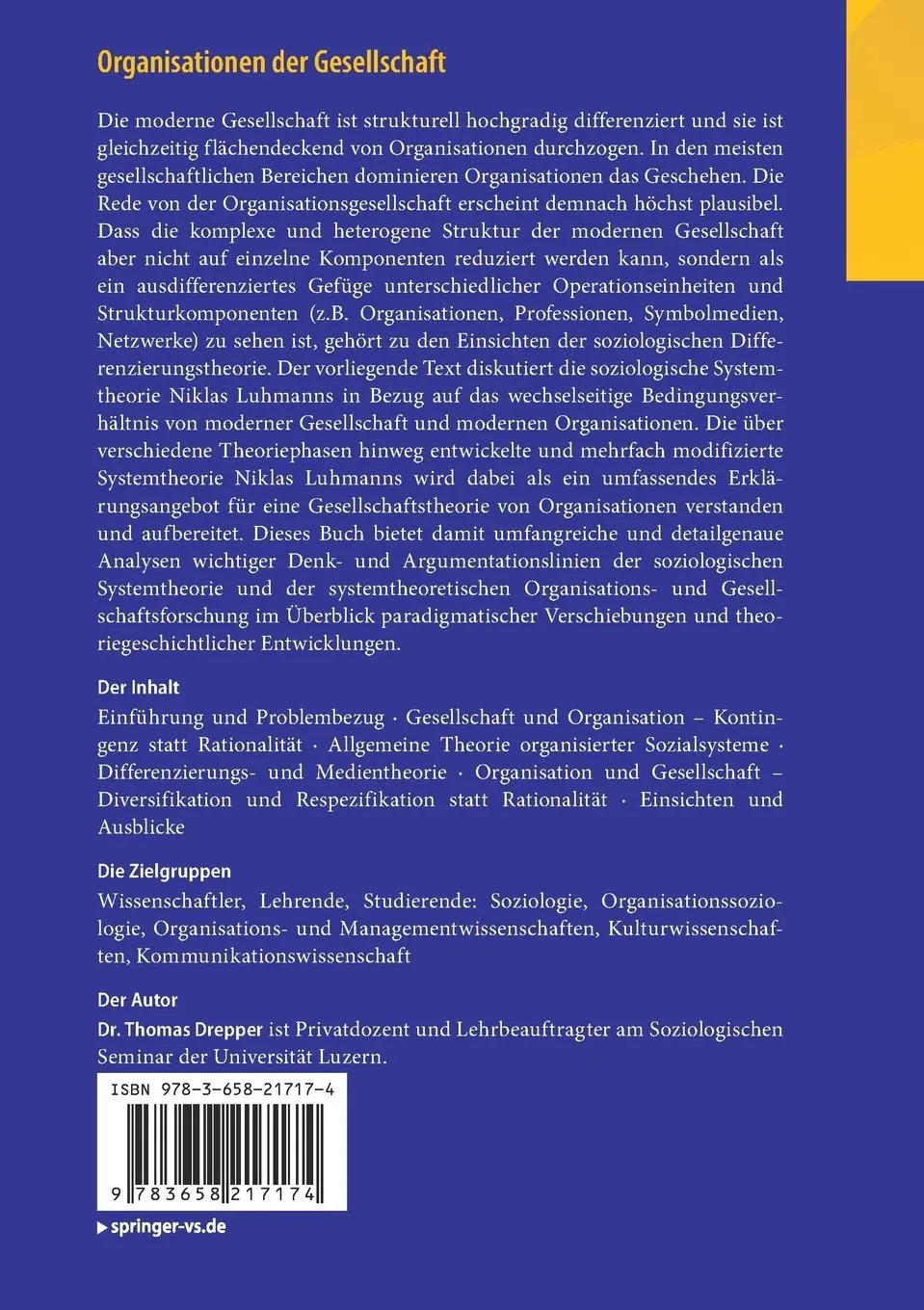 Rückseite: 9783658217174 | Organisationen der Gesellschaft | Thomas Drepper | Taschenbuch | x