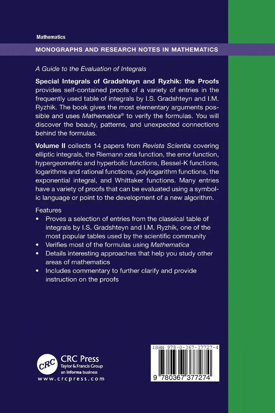 Rückseite: 9780367377274 | Special Integrals of Gradshteyn and Ryzhik | the Proofs - Volume II