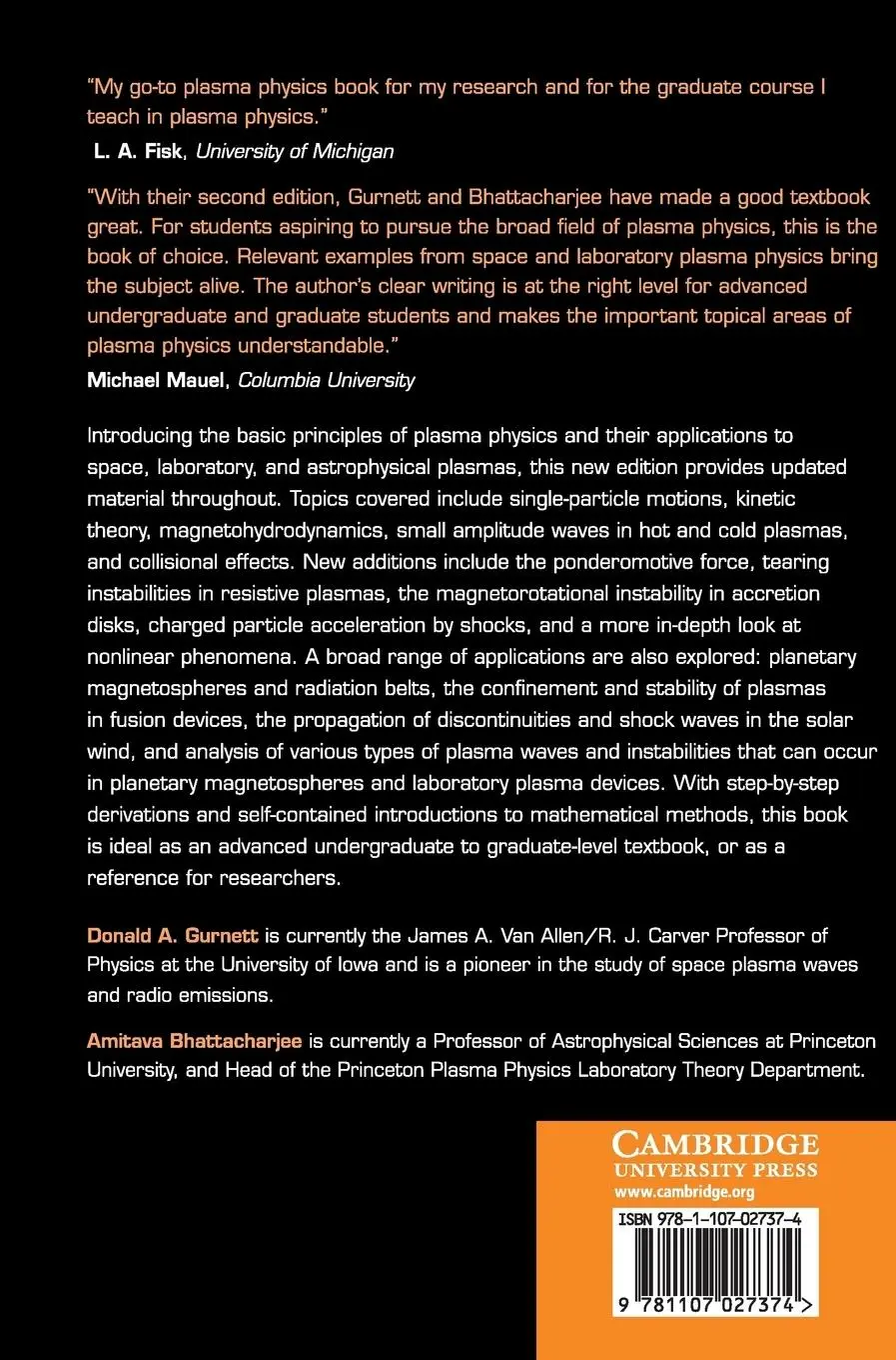 Rückseite: 9781107027374 | Introduction to Plasma Physics | Donald A. Gurnett (u. a.) | Buch