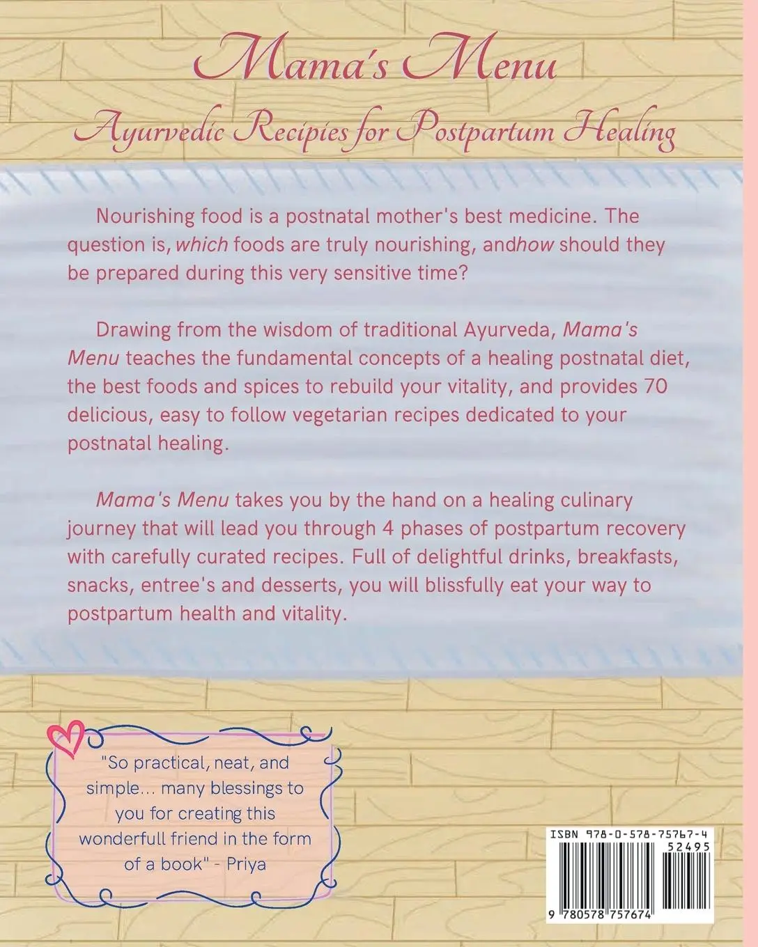 Rückseite: 9780578757674 | Mama's Menu | Ayurvedic Recipes for Postpartum Healing | Ameya Duprey