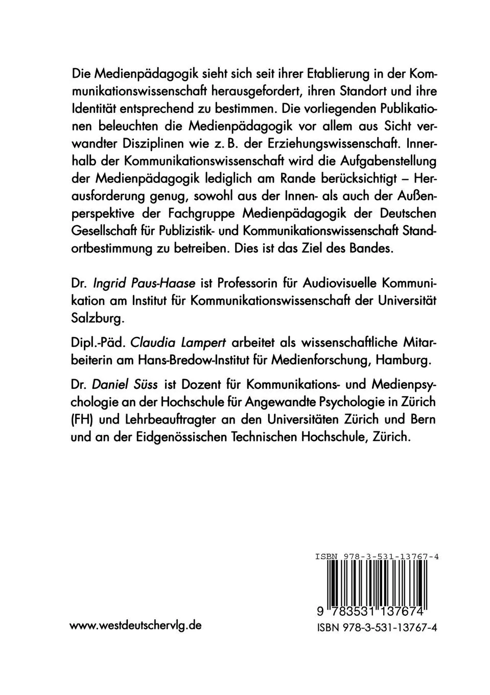 Rückseite: 9783531137674 | Medienpädagogik in der Kommunikationswissenschaft | Paus-Haase (u. a.)