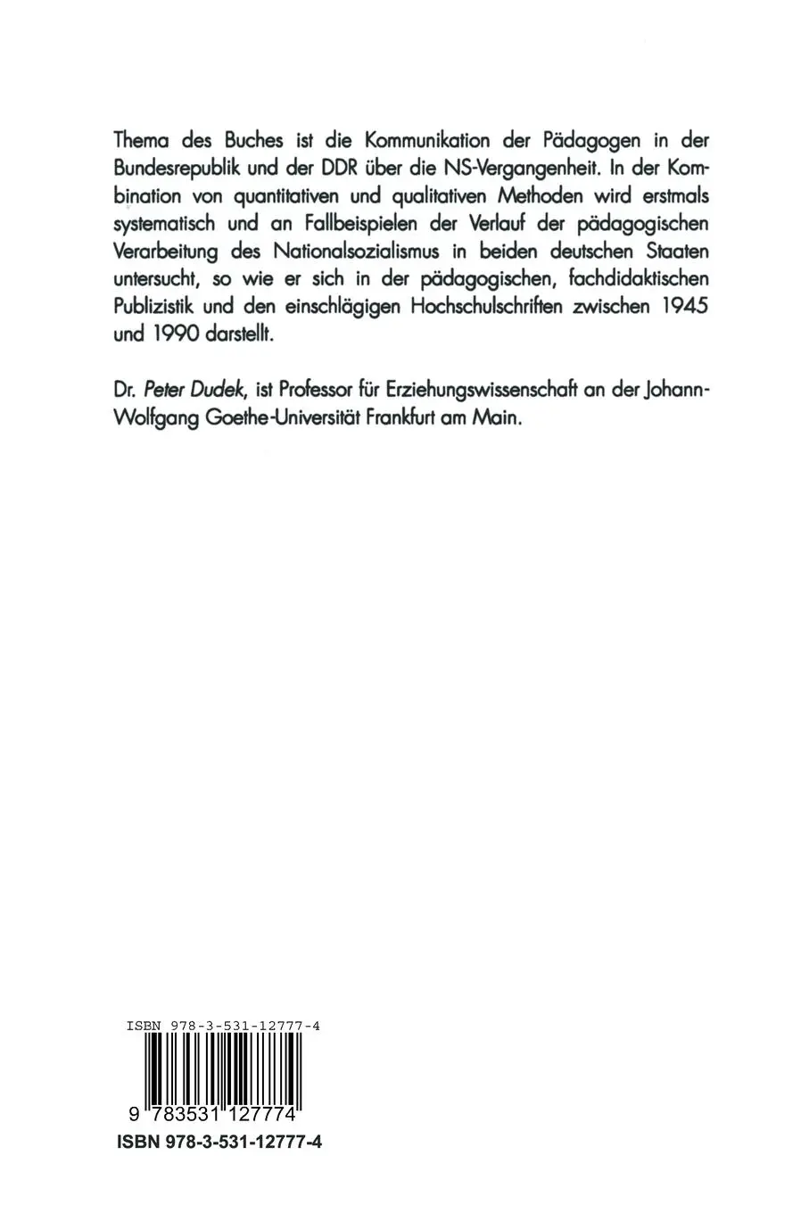 Rückseite: 9783531127774 | "Der Rückblick auf die Vergangenheit wird sich nicht vermeiden lassen"