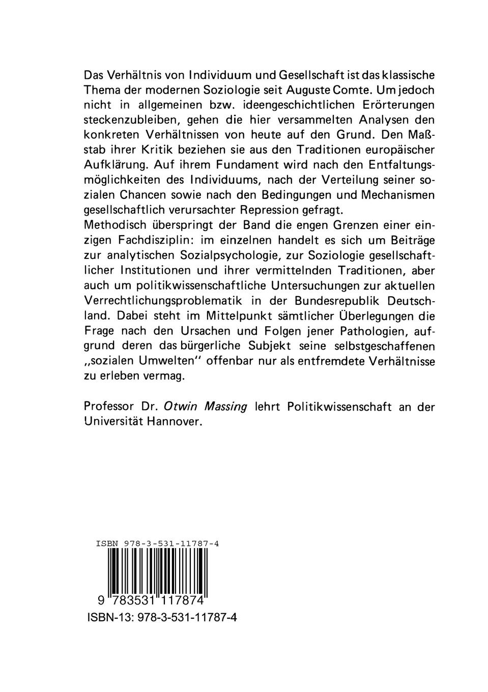 Rückseite: 9783531117874 | Verflixte Verhältnisse | Über soziale Umwelten des Menschen | Massing